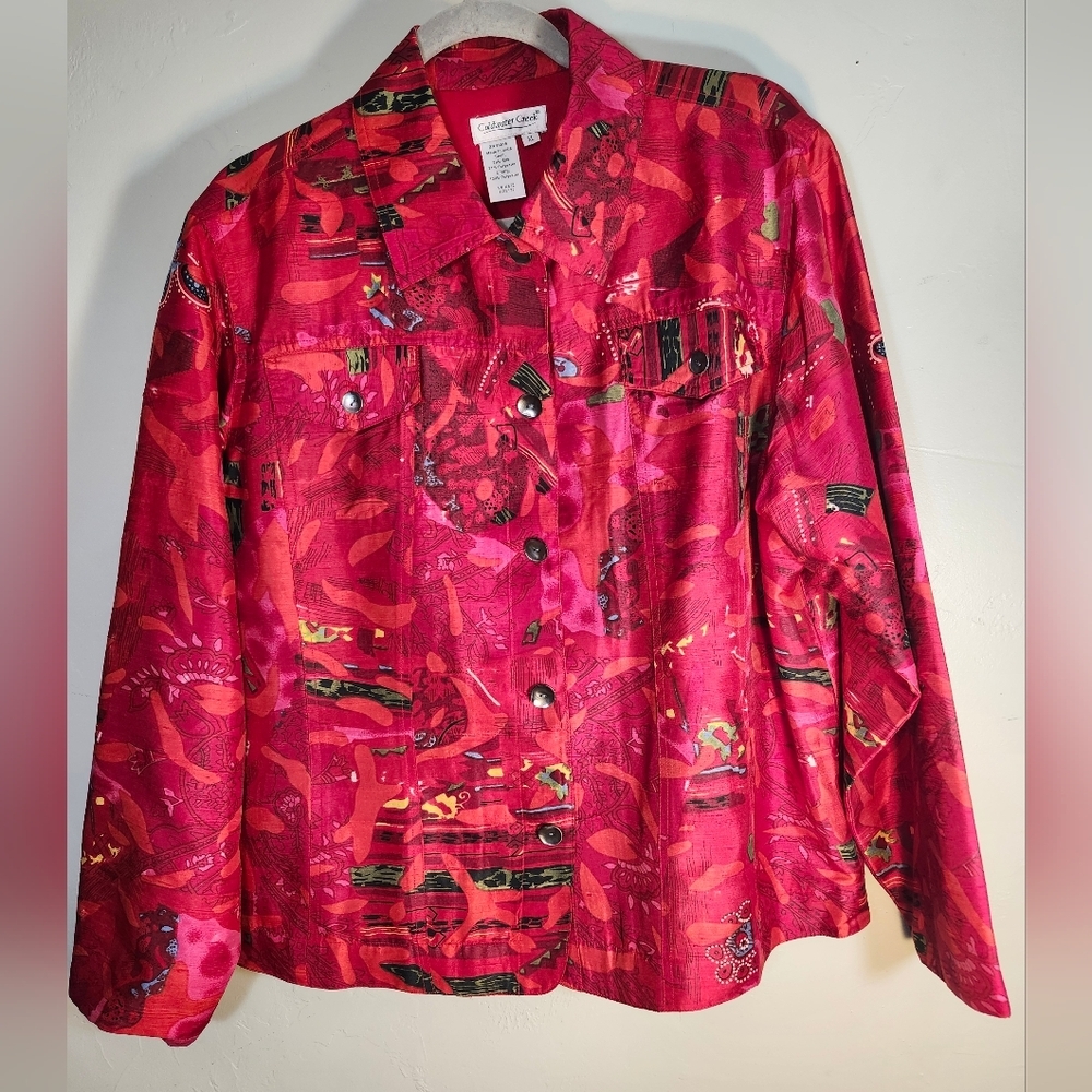 Coldwater Creek Vibrant Red Silk Blend Jacket Luxurious Artistic Design Sz XL